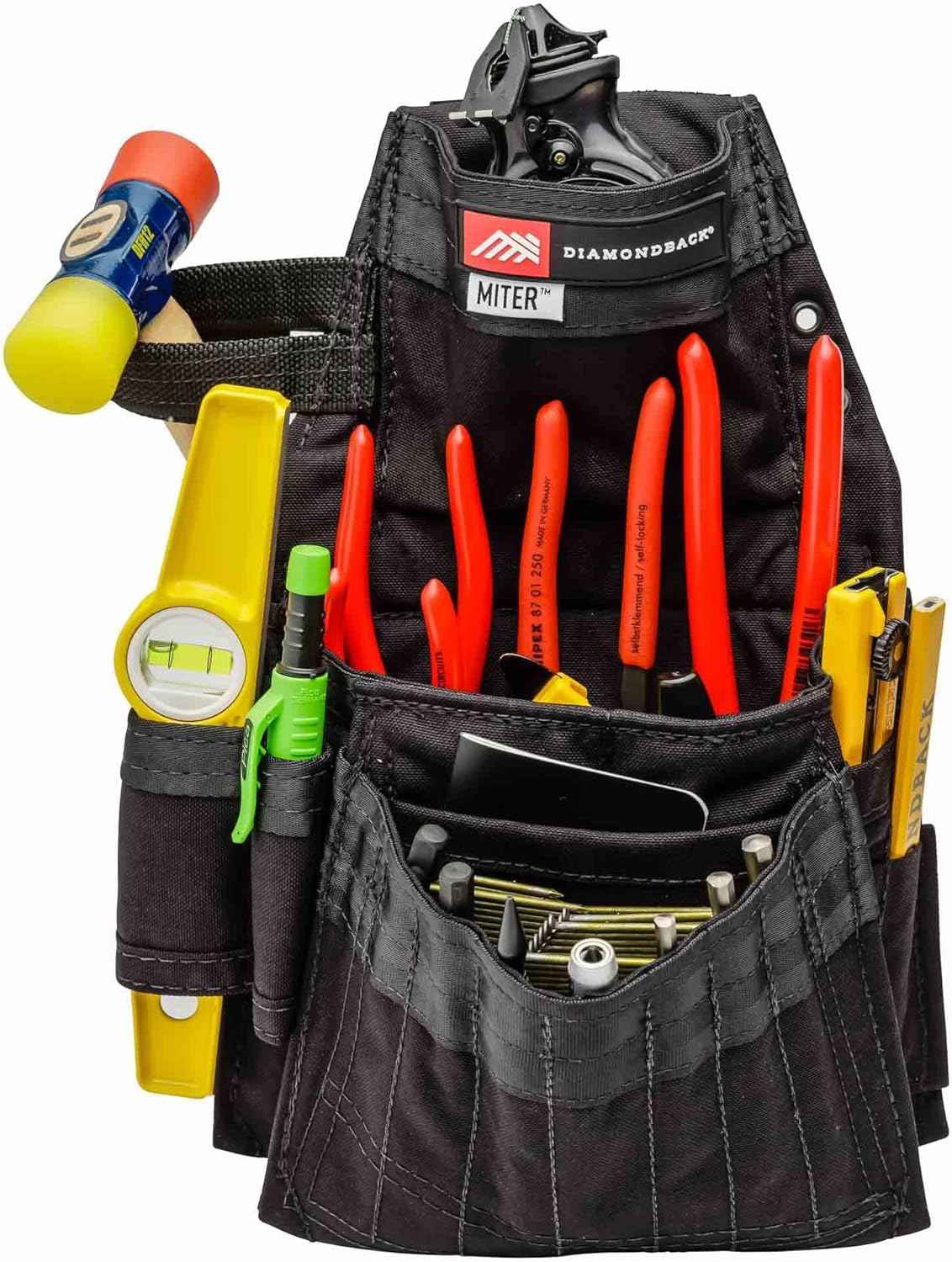 The Diamondback Miter Tool Pouch - Clip-On Tool Belt Pouch with 3 Pockets, 7 Slots, & 3 Loops- Lightweight Belt - Durable Tool Pouch with Belt Clip 15.25"x10.25", 1 lb (Black)