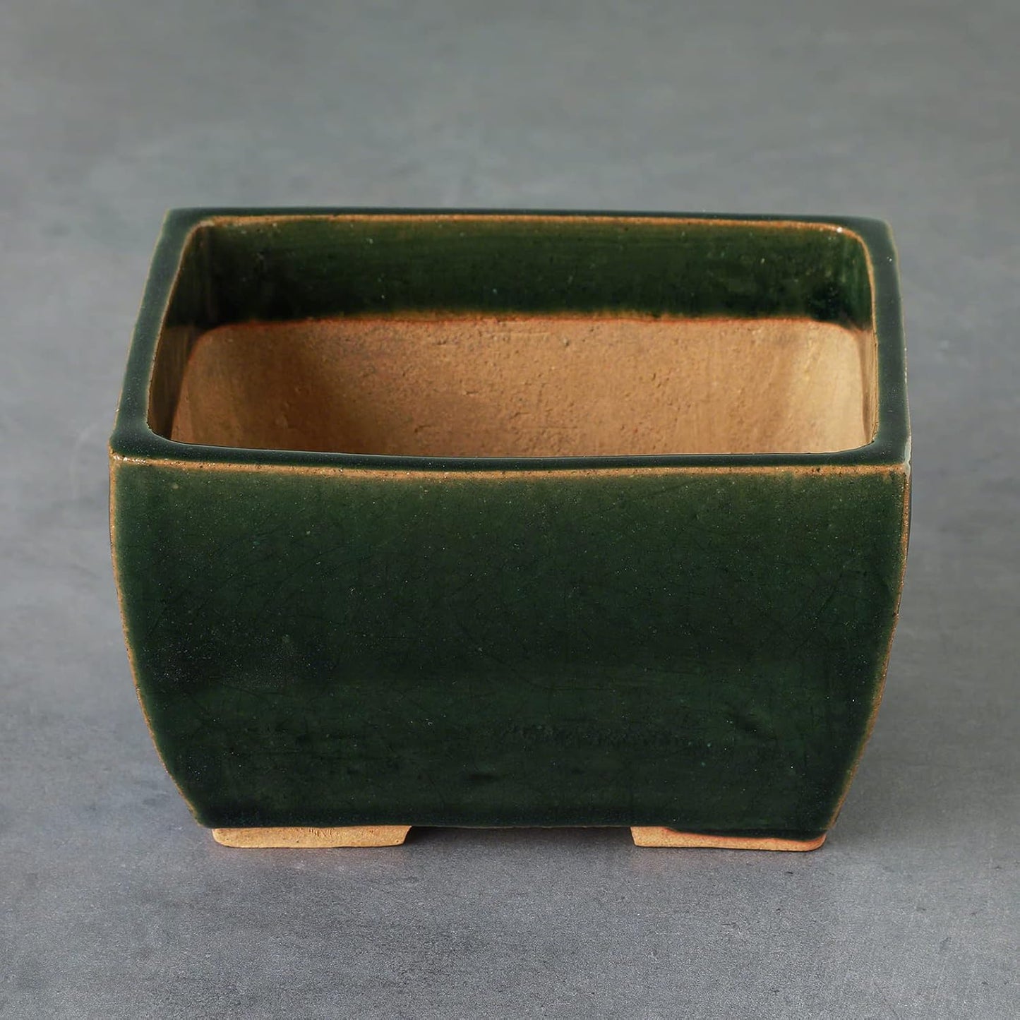 Wazakura Tokoname Series Small Handmade Rectangular Olive Green Glazed Bonsai Pot with Drainage Holes 5.3 in (135 mm) Made in Japan, Ceramic Garden Container, Decorative Flower Planter