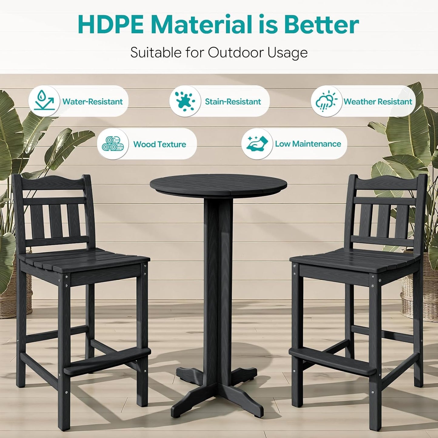 3-Piece Outdoor Bar Set, HDPE Adirondack Bar Height Chairs Set of 2 and Round Bar Table, All Weather Patio Bistro Set for Balcony, Poolside, Backyard (Black)