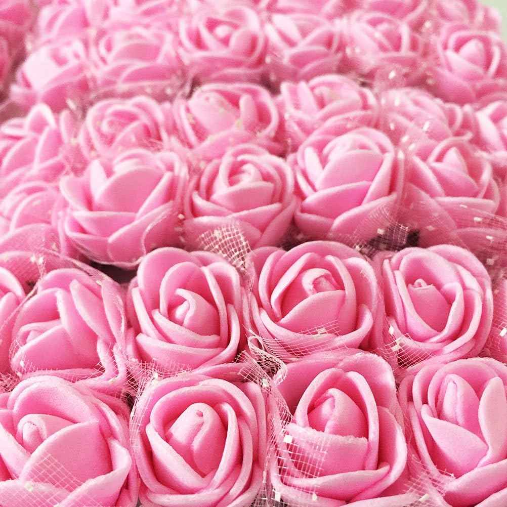 Mini Fake Rose Flower Heads 144pcs Mini Artificial Roses DIY Wedding Flowers Accessories Make Bridal Hair Clips Headbands Dress (Bottom add Gauze) Pink