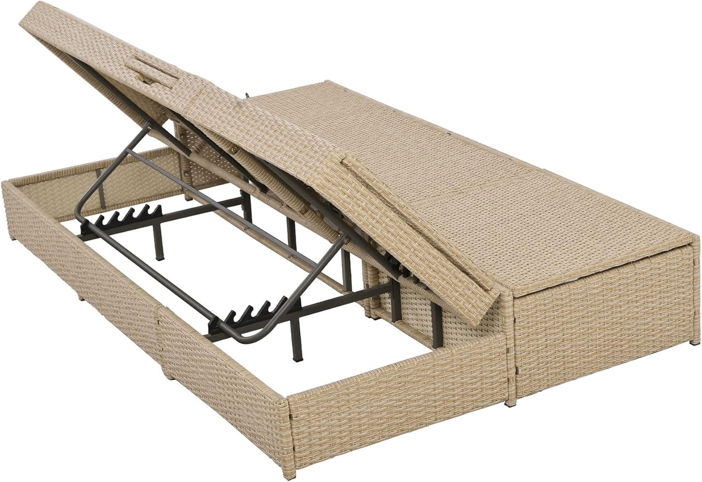 Outdoor Rattan Daybed Patio Wicker Double Sunbed with Adjustable Backrest and Cup Tray, All Weather Patio Reclining Chairs Conversations Set with Thick Cushions and Pillows for 2 Person (Brown-D)