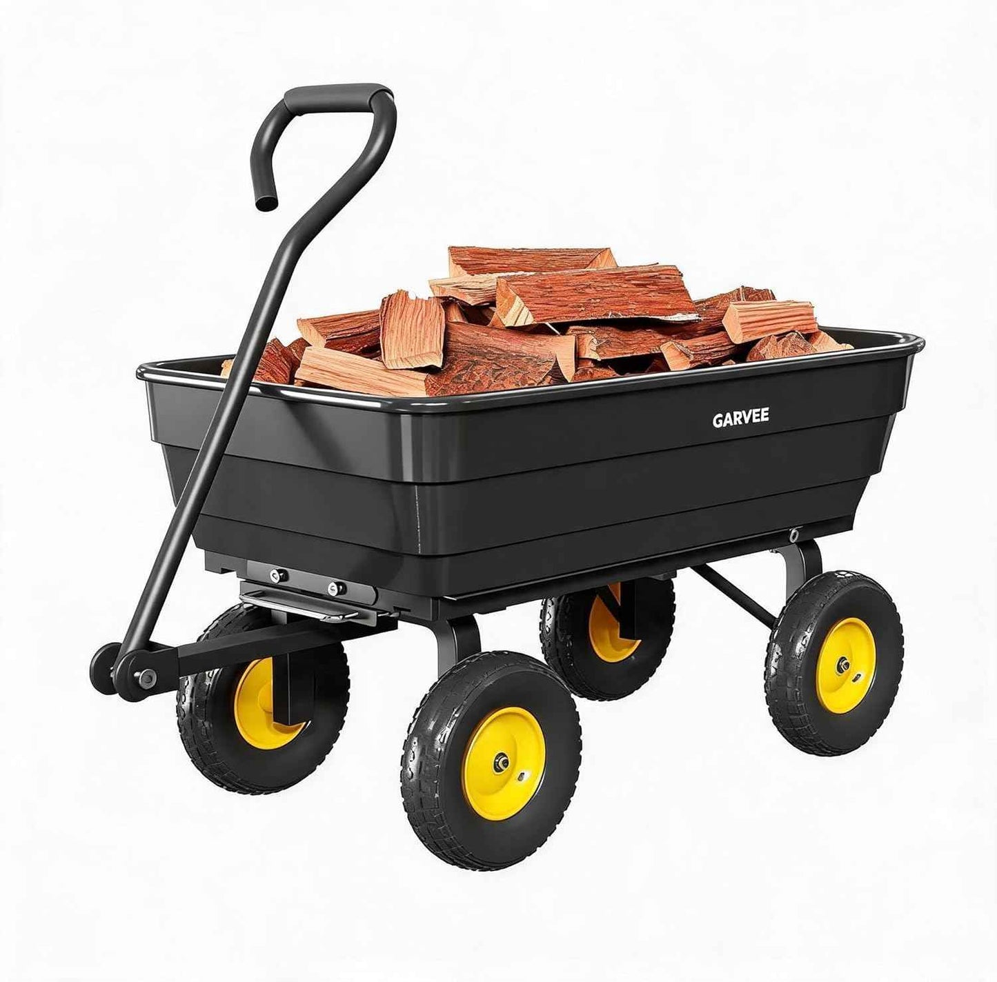 Garvee Poly Garden Dump Cart, Heavy Duty 600lbs Wheelbarrow Yard Cart Dump Wagon with 10”All Terrain Wheels, Garden Utility Wagon with Quick Release System& Convertible Handle Attach to ATV (Black)