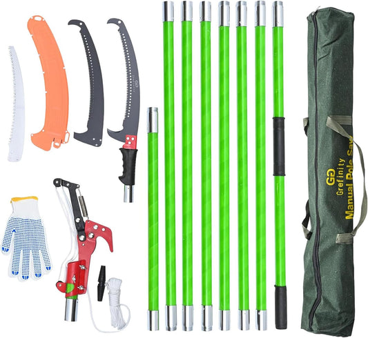 27FT Manual Pole Saw, Tree Branch Trimmer with 8-Section Fiberglass Handle, Sharp Steel Blade and Scissors, Lightweight Extendable Design for High Branch Trimming, Ideal for Palms and Shrubs