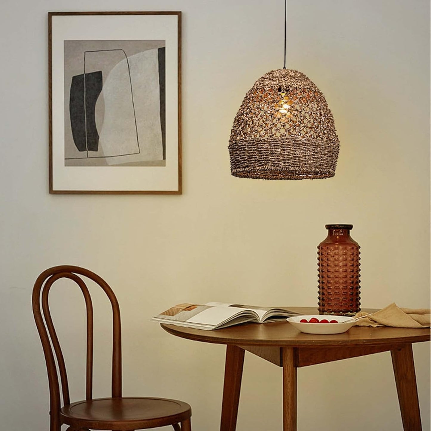 Arturesthome Rattan Woven Pendant Light for Kitchen Island, Hand-Woven Ceiling Chandelier, Handmade Natural Seaweed Hanging Lights Crafts Lampshade D 15.7in