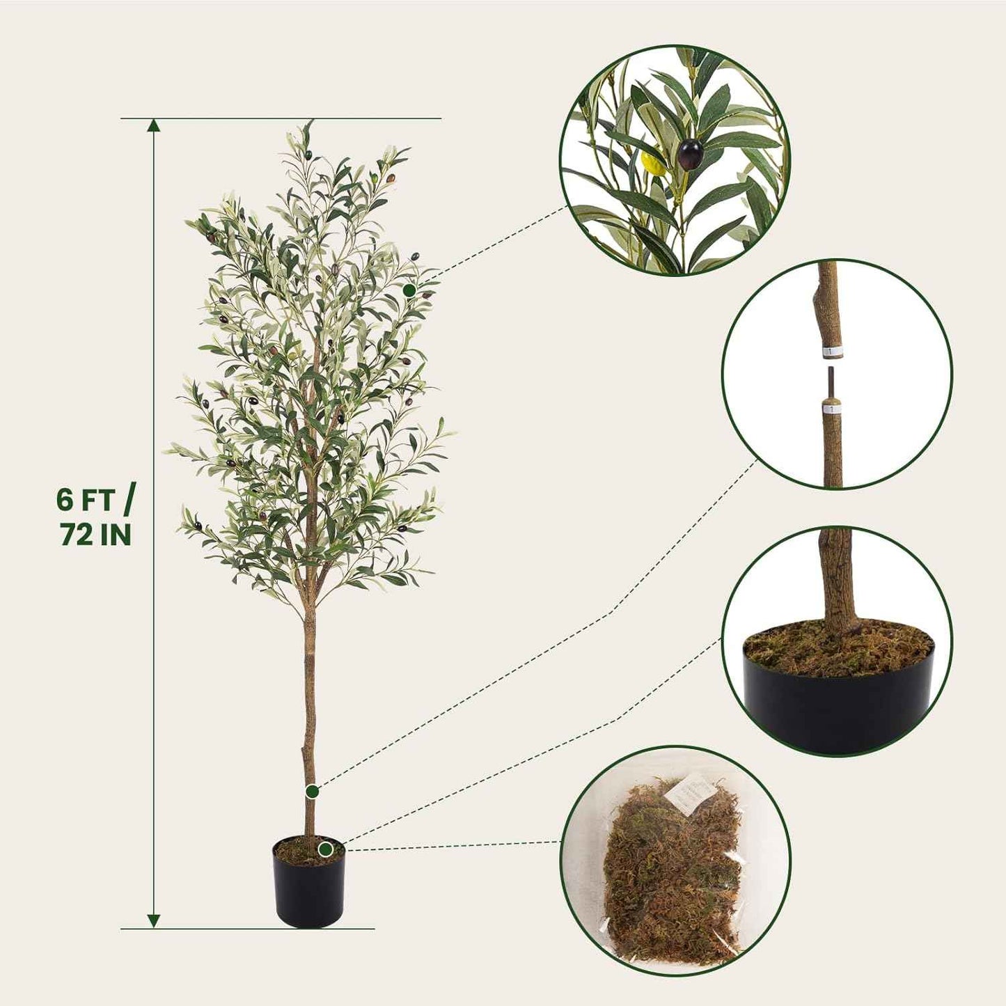 Artificial Fake Olive Tree 6FT Tall 1Pack Faux Silk Olive Tree for Home Living Room Office Decor Faux Artificial Plants Indoor Fake Potted Plants with Fruit & Free Moss