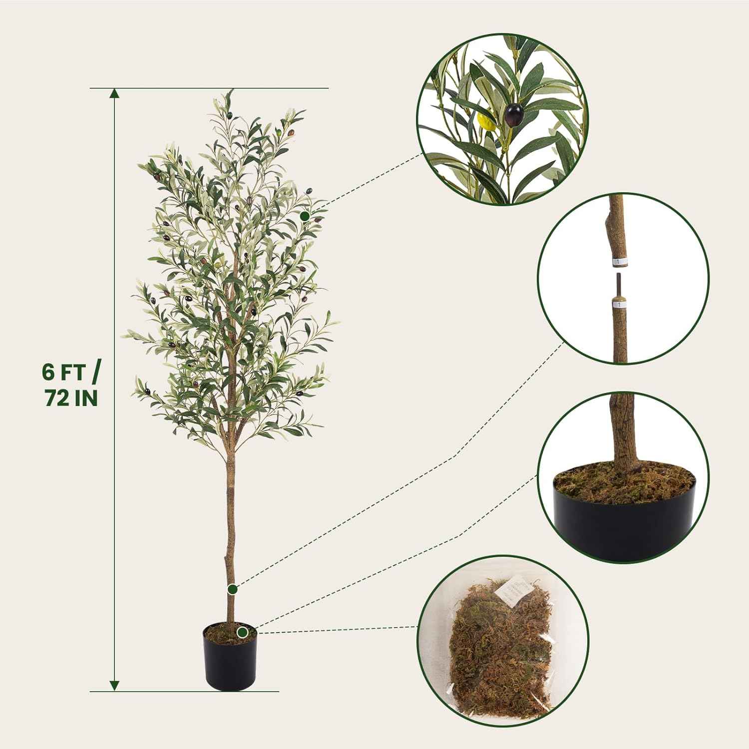 Artificial Fake Olive Tree 6FT Tall 1Pack Faux Silk Olive Tree for Home Living Room Office Decor Faux Artificial Plants Indoor Fake Potted Plants with Fruit & Free Moss
