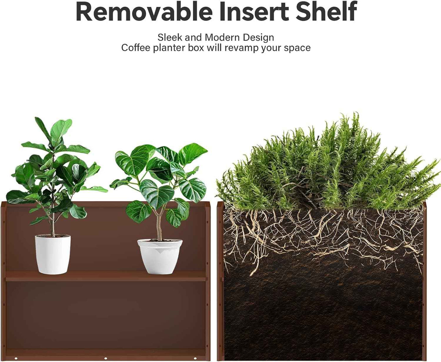 Galvanized Steel Planter Box with Removable Insert Shelf - 32x12x24 Inches Tall Planters for Outdoor&Indoor, Coffee
