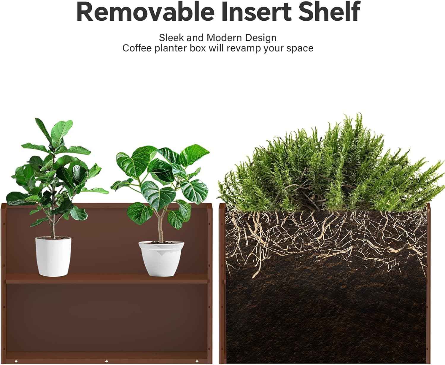 Galvanized Steel Planter Box with Removable Insert Shelf - 32x12x24 Inches Tall Planters for Outdoor&Indoor, Coffee
