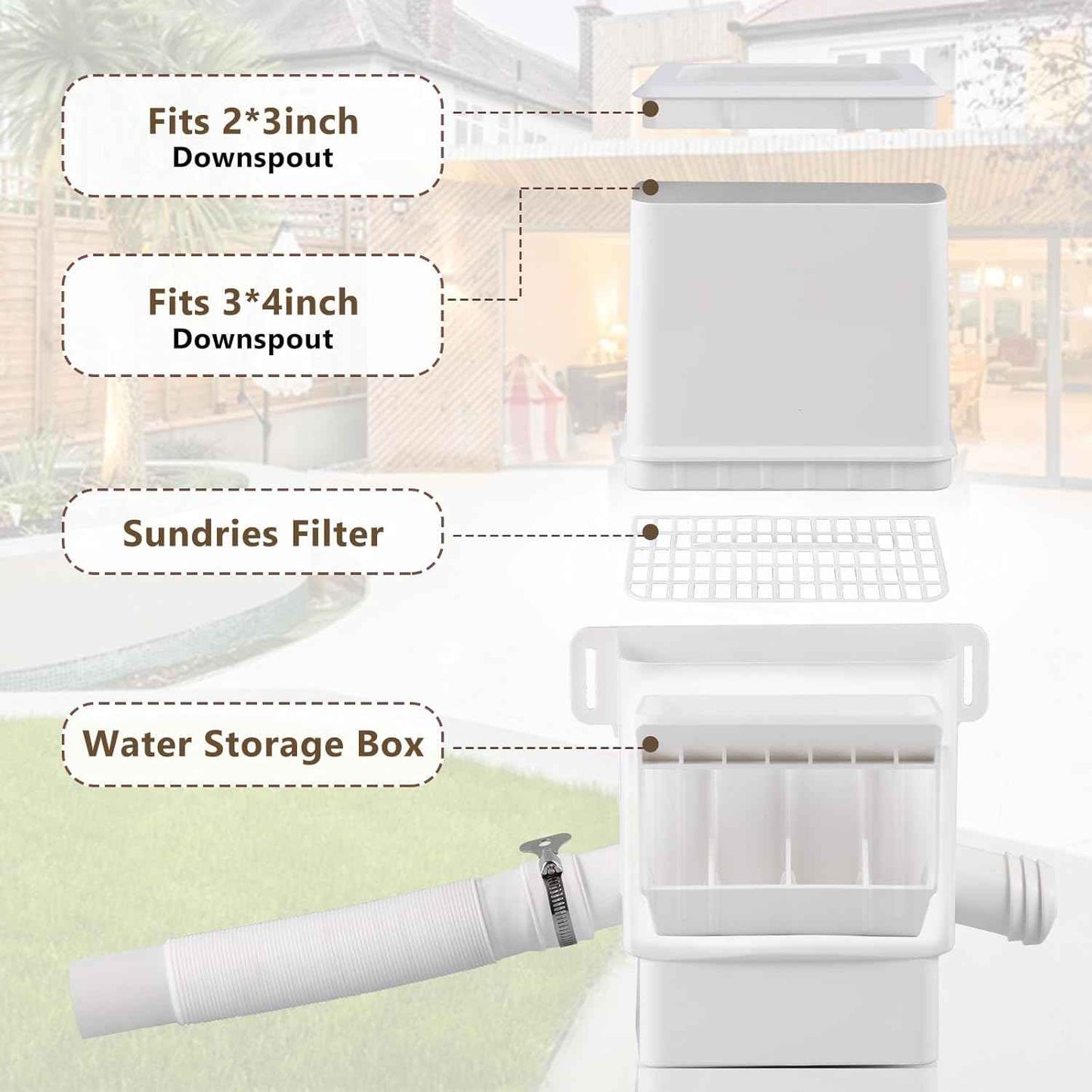 Rainwater Collection System, Rain Barrel Diverter Kit for 2x3”and 3x4” Downspouts, with Filtration and Hose, Rain Diverter, Downspout Diverter, White