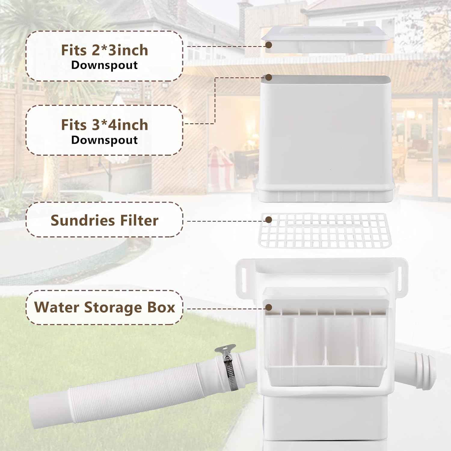 Rainwater Collection System, Rain Barrel Diverter Kit for 2x3”and 3x4” Downspouts, with Filtration and Hose, Rain Diverter, Downspout Diverter, White