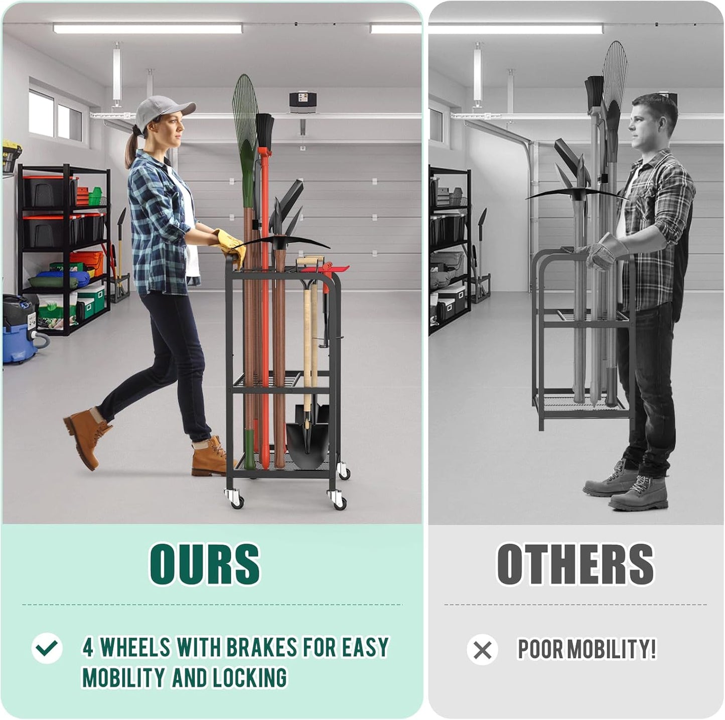 Trieez Garden Tool Organizer for Garage, Yard Tool Organizer with Wheels for Garage Organization and Storage - Sturdy Yard Tool Holder Tool Rack, for Shed, Outdoor, Tool Stand