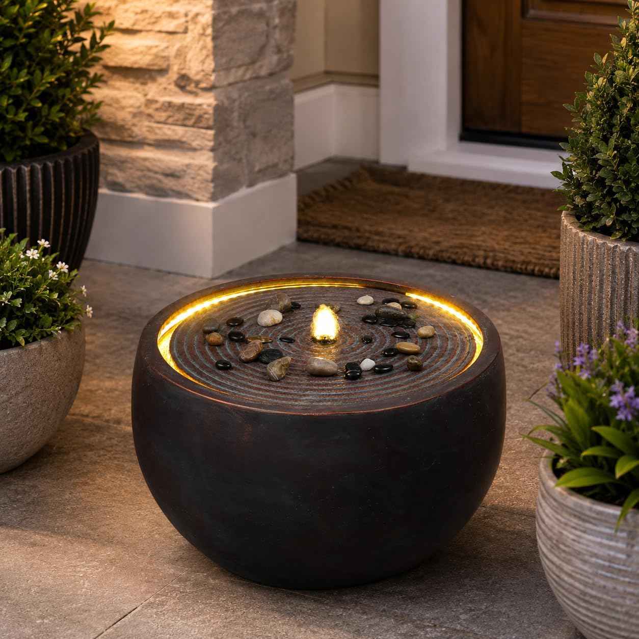 Outdoor Water Fountain with LED Lights, 12.2" Tall Round Bowl Cascading Fountain for Patio Garden Yard Porch Backyard, Resin Outdoor Water Feature Decor