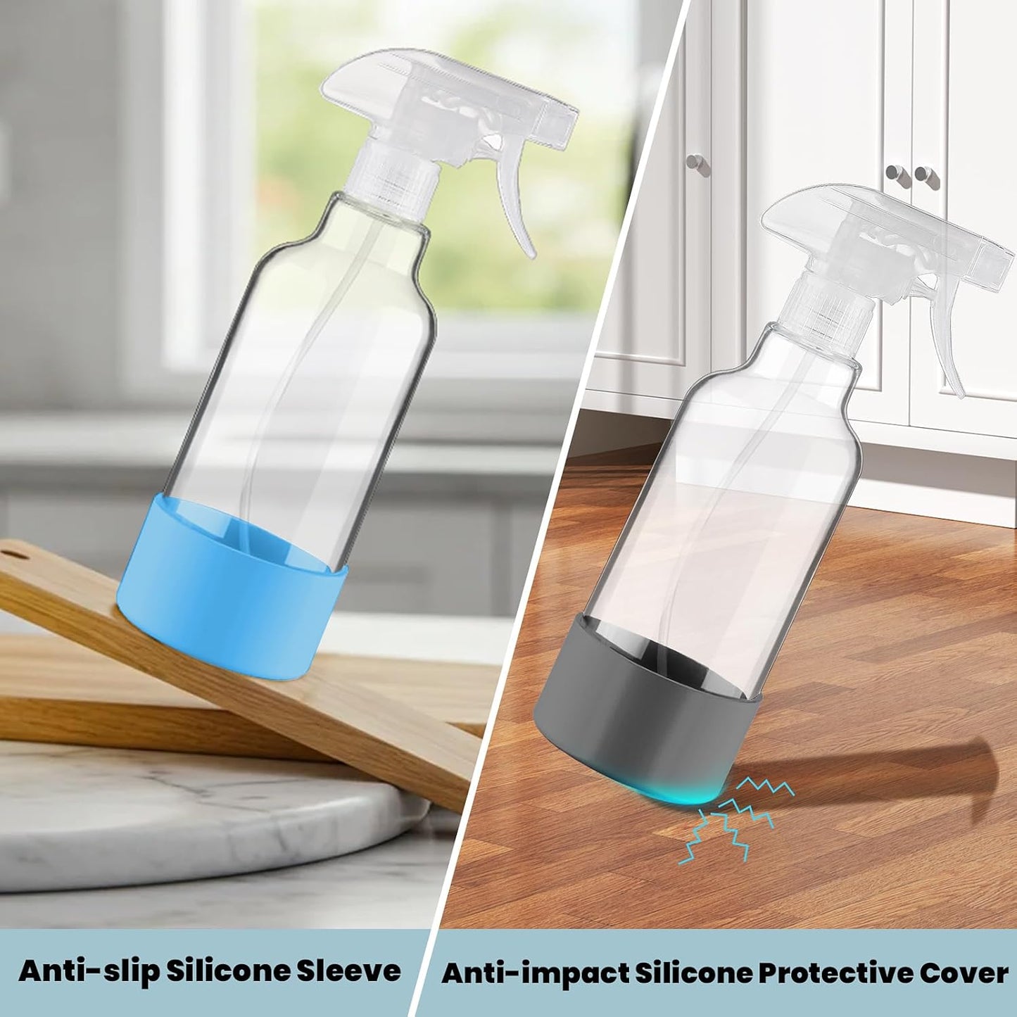 Glass Spray Bottles with Silicone Sleeve, 2 Pack 16.9oz Refillable Containers with Adjustable Spray Nozzles, Empty Spray Bottle for Cleaning Solutions, Hair, Plants (Blue+Grey)