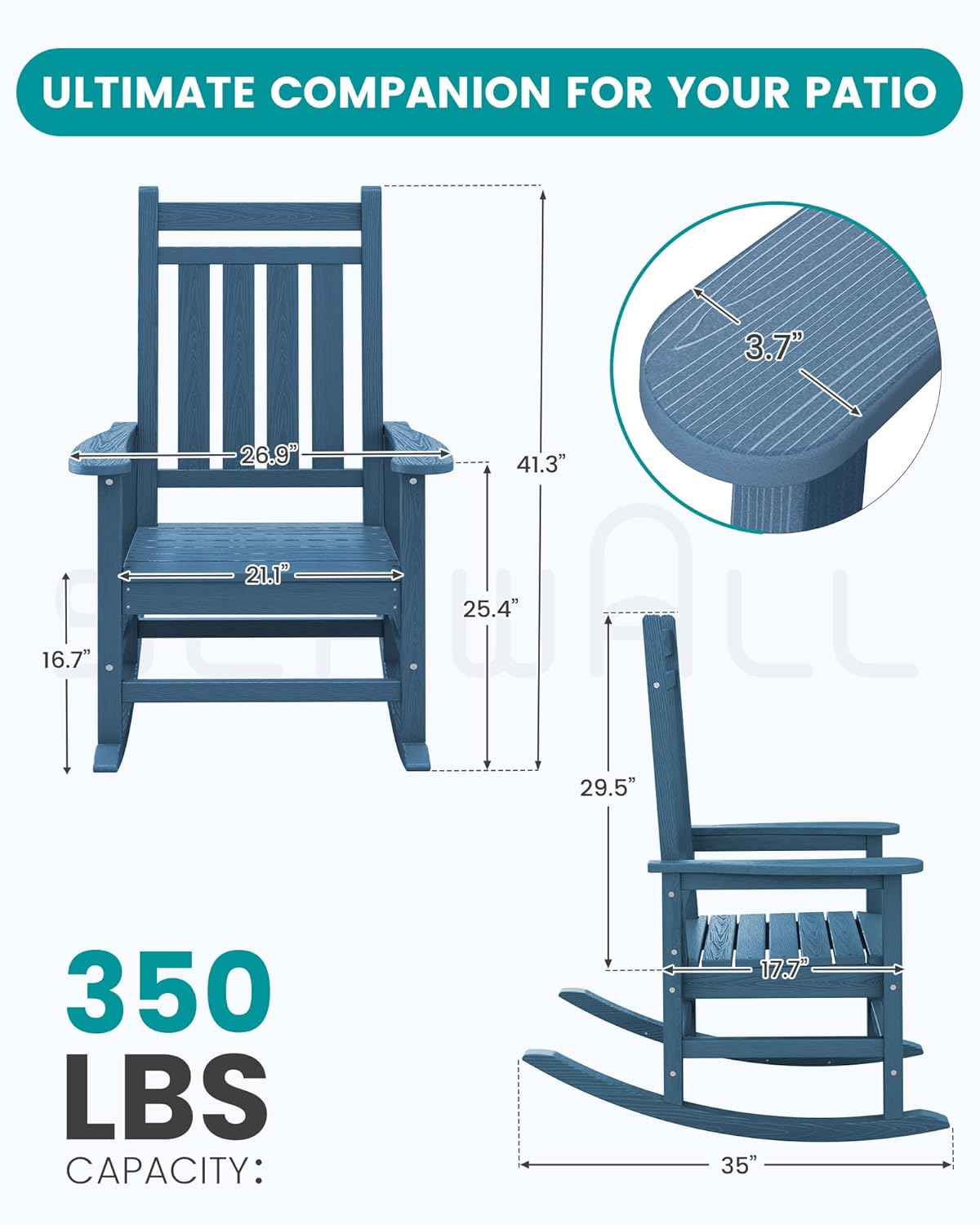 SEWALL HDPE Rocking Chair, Oversized Outdoor Rocking Chair for Adults, Patio Rocker for Porch, Blue