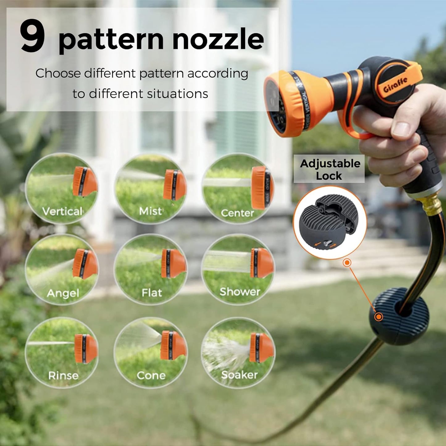 Giraffe Tools Metal Retractable Hose Reel 130 FT Wall Mounted Heavy Duty Hose Reel with 9 Pattern Nozzle 180 Deg Swivel, Metal Bracket Any Length Lock (1/2 130FT PRO, Dark Grey)