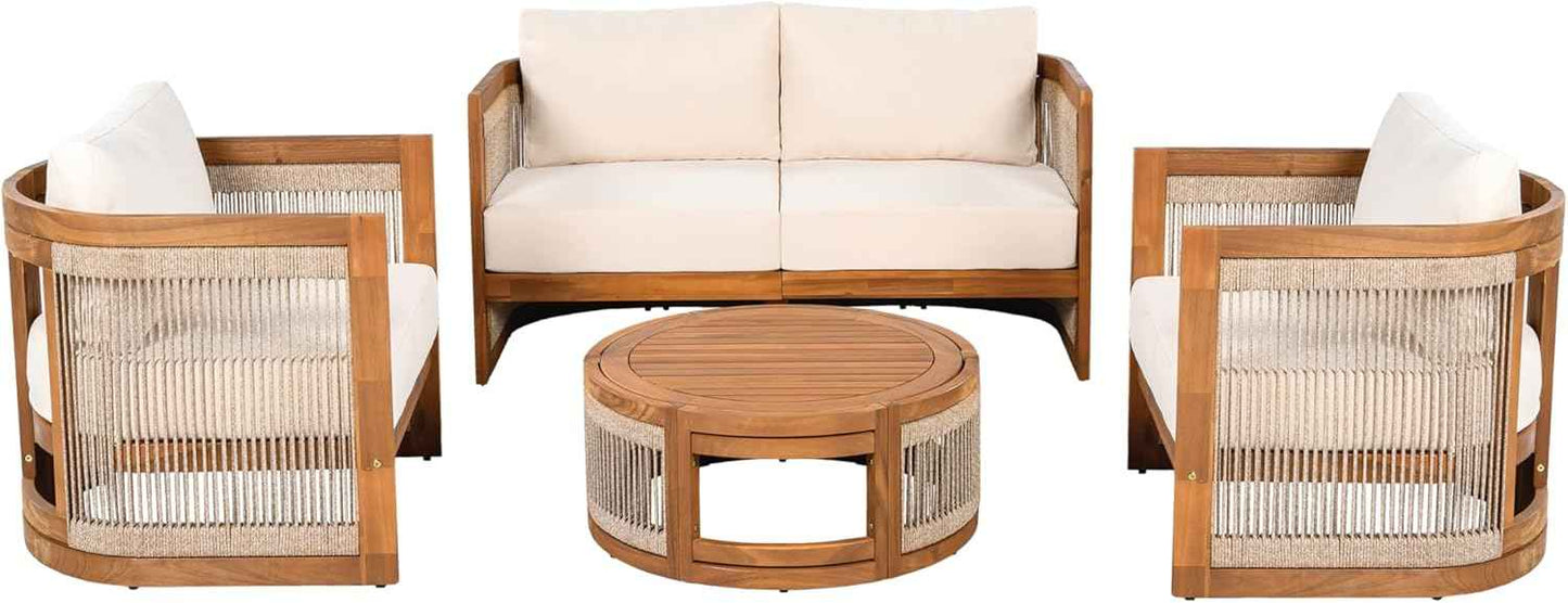 VilroCaz 4-Piece Patio Conversation Set, All Weather Sectional Sofa Set w/ 2 Chairs, Loveseat & Table Premium, Acacia Wood Outdoor Furniture Set with Woven Rope Accents and Cushions (Teak+Beige)
