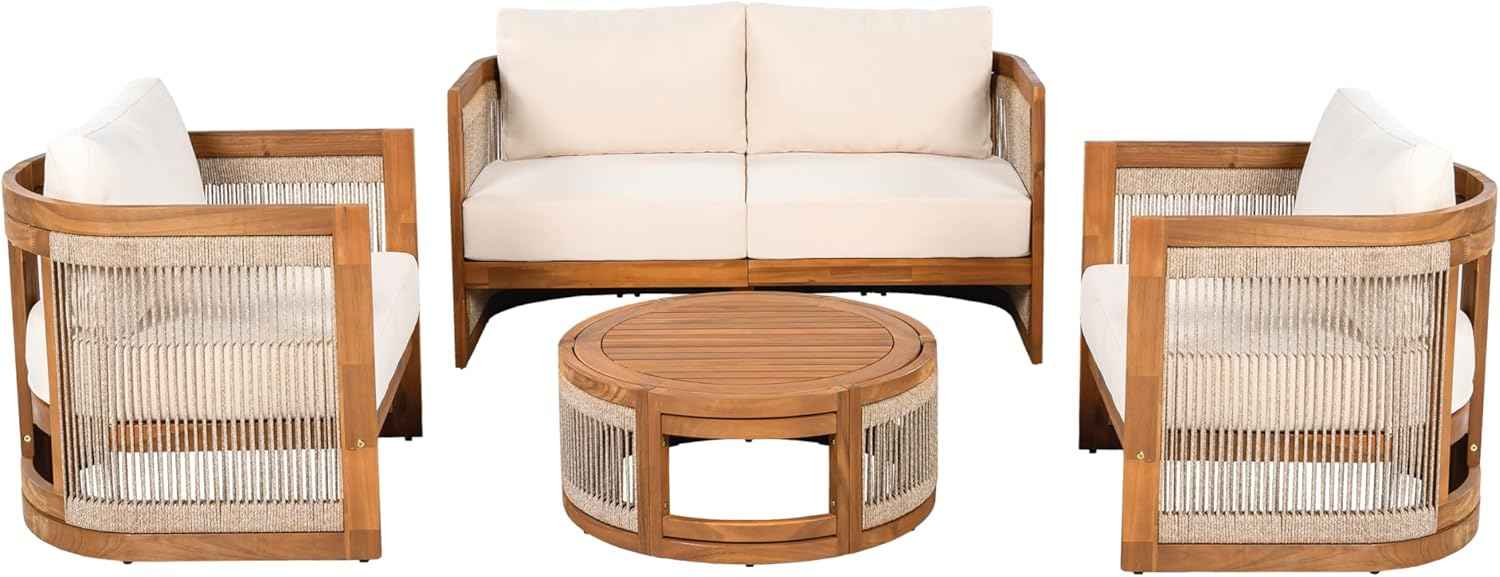 VilroCaz 4-Piece Patio Conversation Set, All Weather Sectional Sofa Set w/ 2 Chairs, Loveseat & Table Premium, Acacia Wood Outdoor Furniture Set with Woven Rope Accents and Cushions (Teak+Beige)