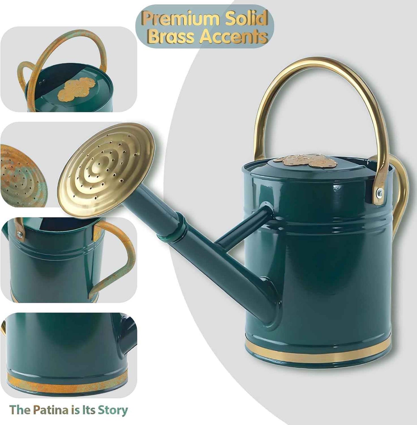 1 Gallon Green Metal Watering Can with Solid Brass Details, Removable Watering Rose, Decorative Garden Can for Indoor Plants, Patio and Greenhouse