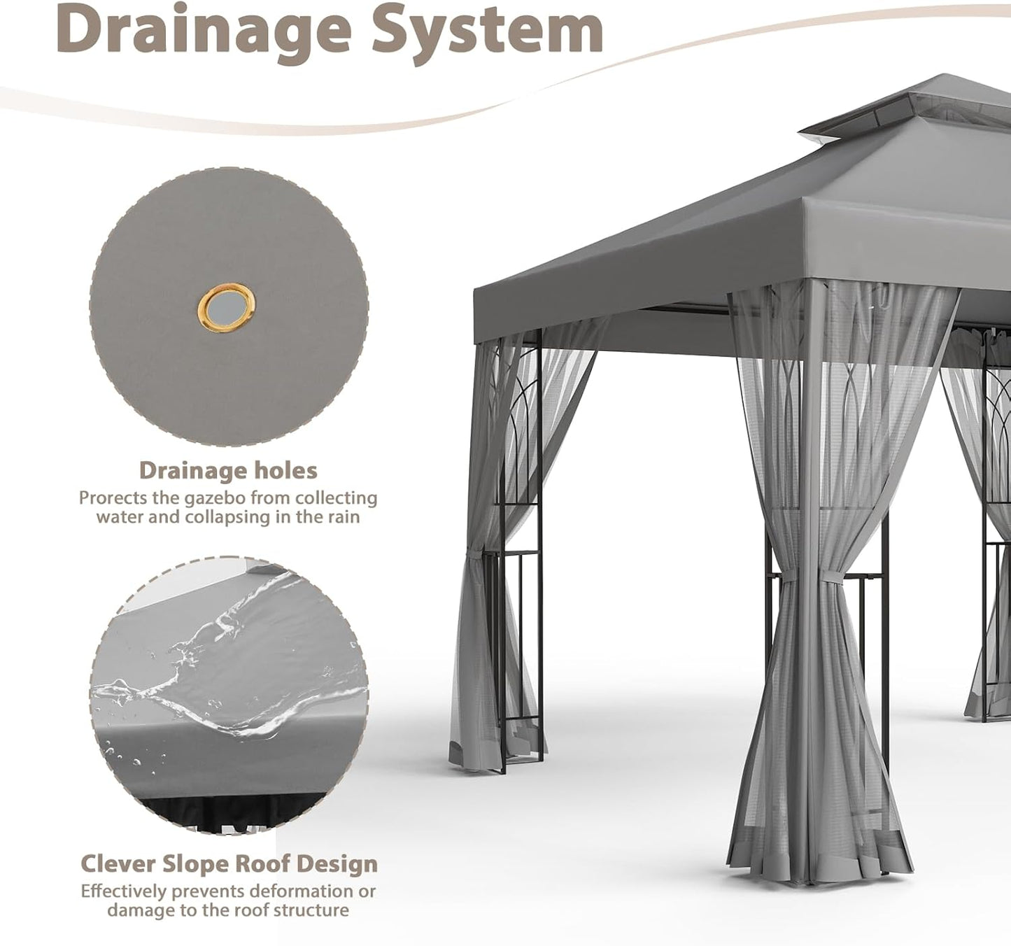 EAGLE PEAK 10x10 Patio Gazebo with Mesh Netting, Double Roof Outdoor Pavilion with Corner Shelves for Lawn, Deck, Garden and Backyard, Gray