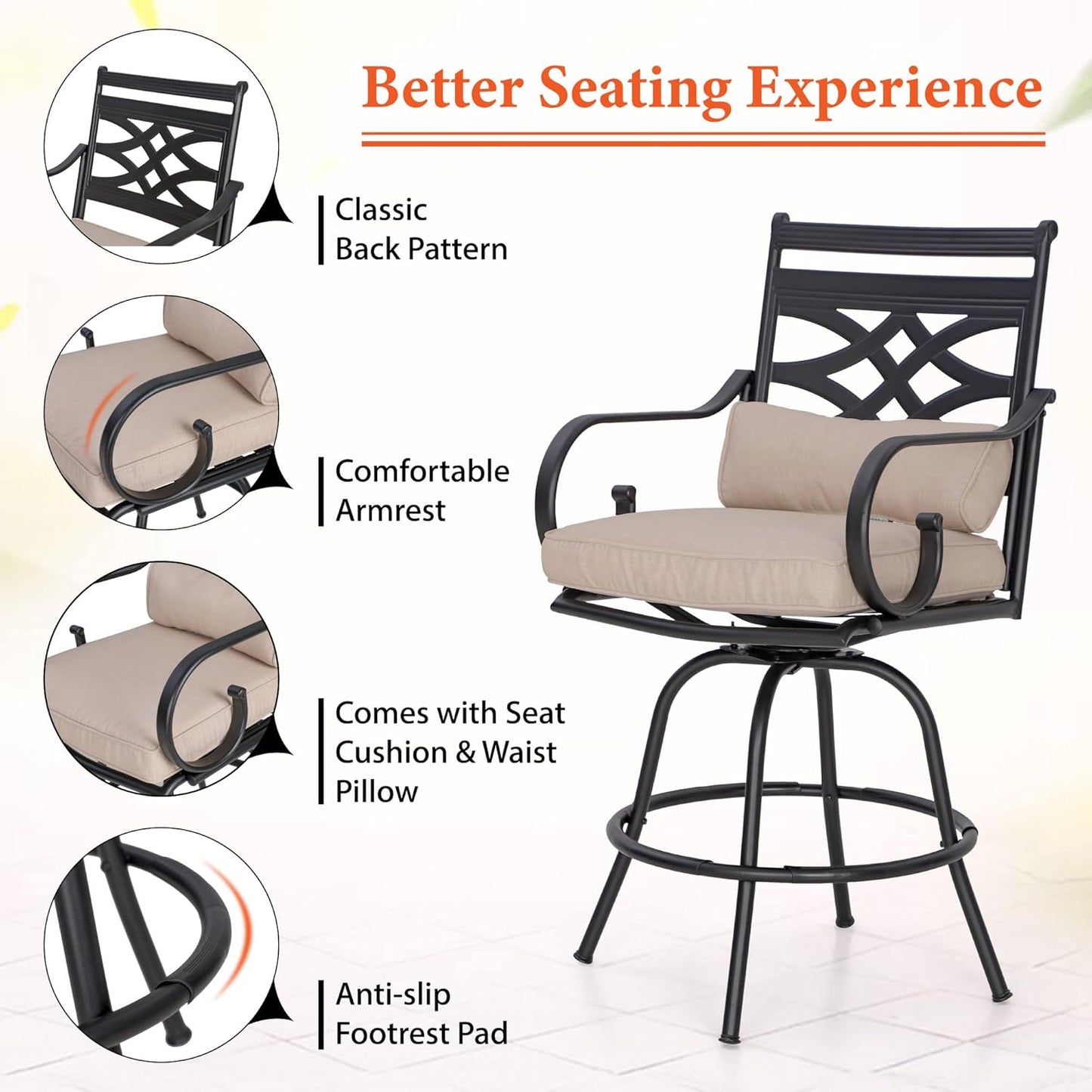 Sophia & William 3 Piece Patio Bar Set with 2 Swivel Bar Stools and 1 Square Bar Table, All Weather Patio Bistro Set with Seat Cushions
