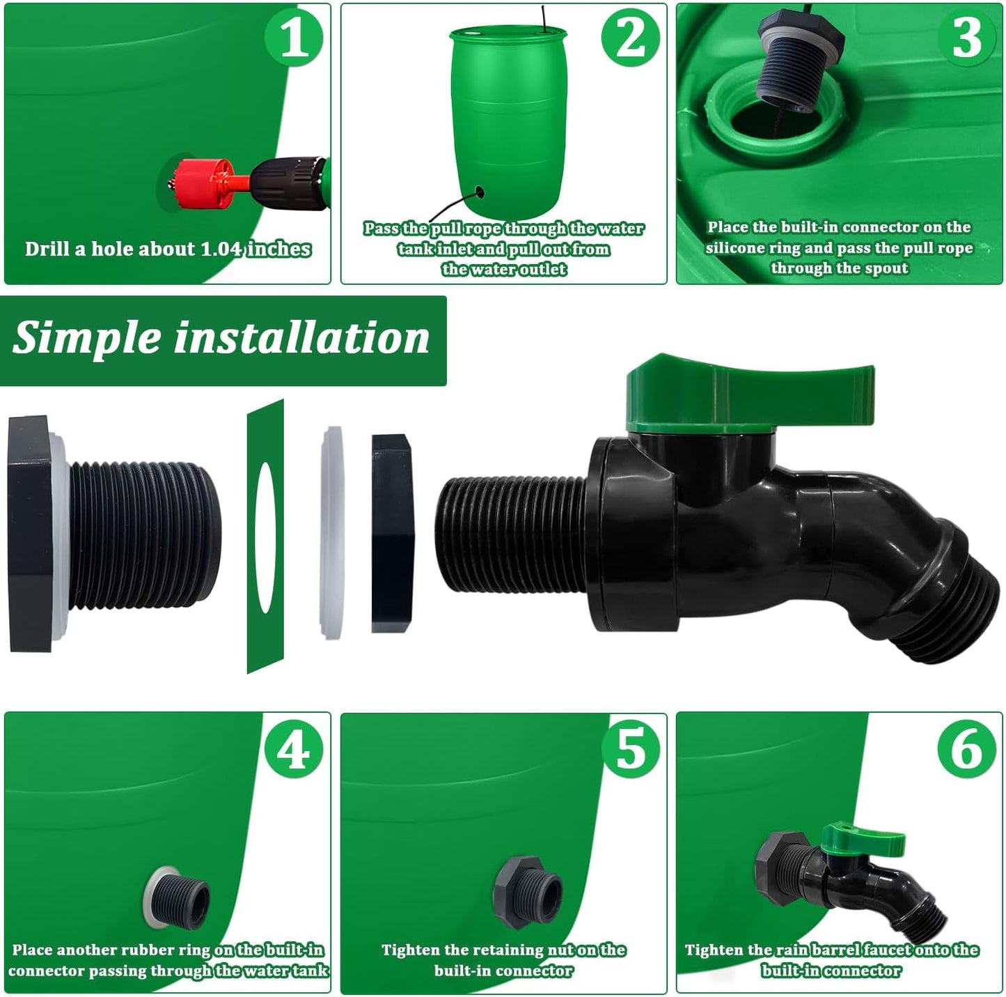 Plastics Rain Barrel Spigot Kit, High Flow Valve Core Water Tank Faucet+PVC Bulkhead Fitting,3/4 NPT to 3/4 GHT Rain Barrel Spigot for Plastic Bucket rainwater Drum Container Downspout Collector in