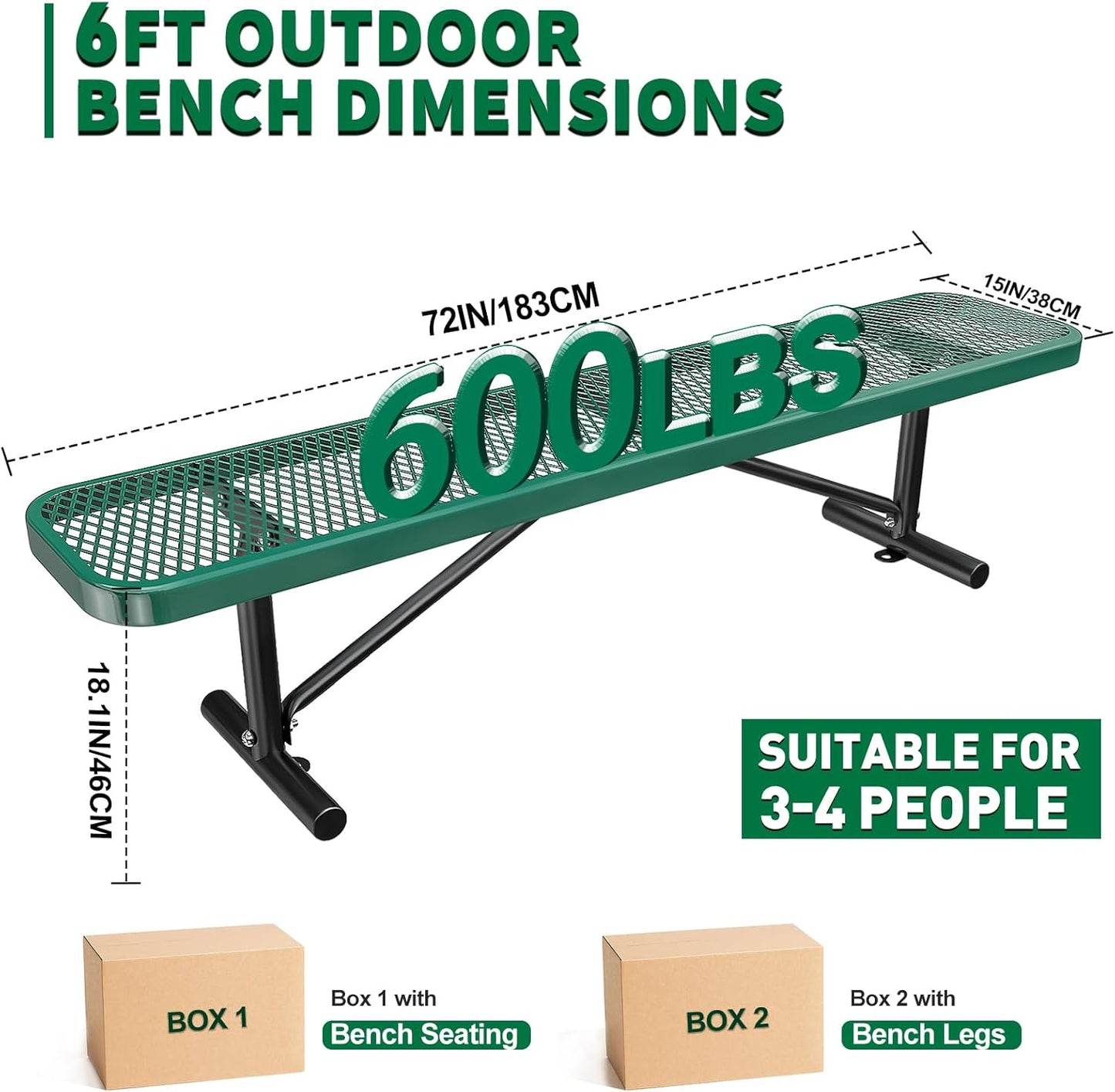 Heavy-Duty Park Bench or Table for Outside - Black Coated Outdoor Furniture Steel Bench, Commercial-Grade Outdoor Benches Weatherproof for Park, Patio, Porch (Green, 6FT (Without Backrest))