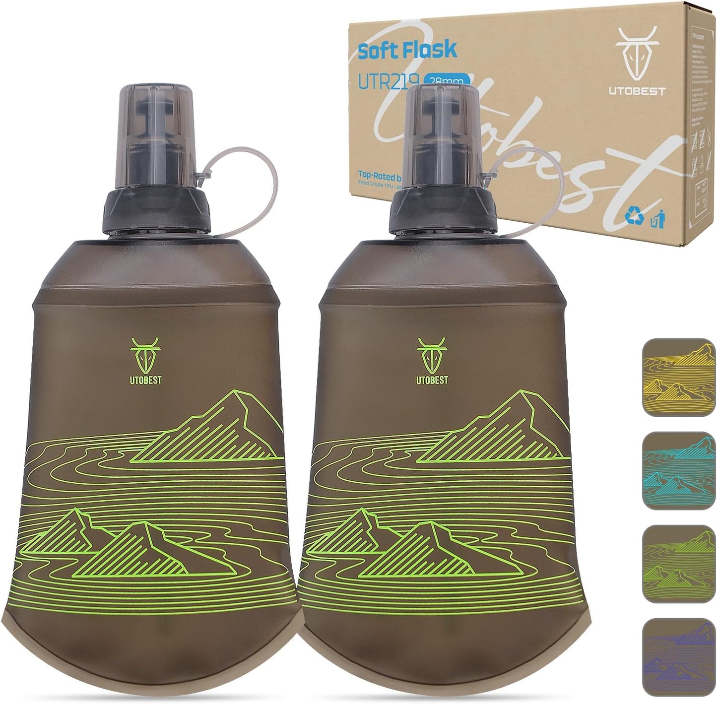 UTOBEST 200ml Soft Flask, 2 Pack Flexible TPU Hydration Water Bottle, Collapsible with 28mm Caliber for Running, Hiking, Cycling, Climbing, and Marathon Green