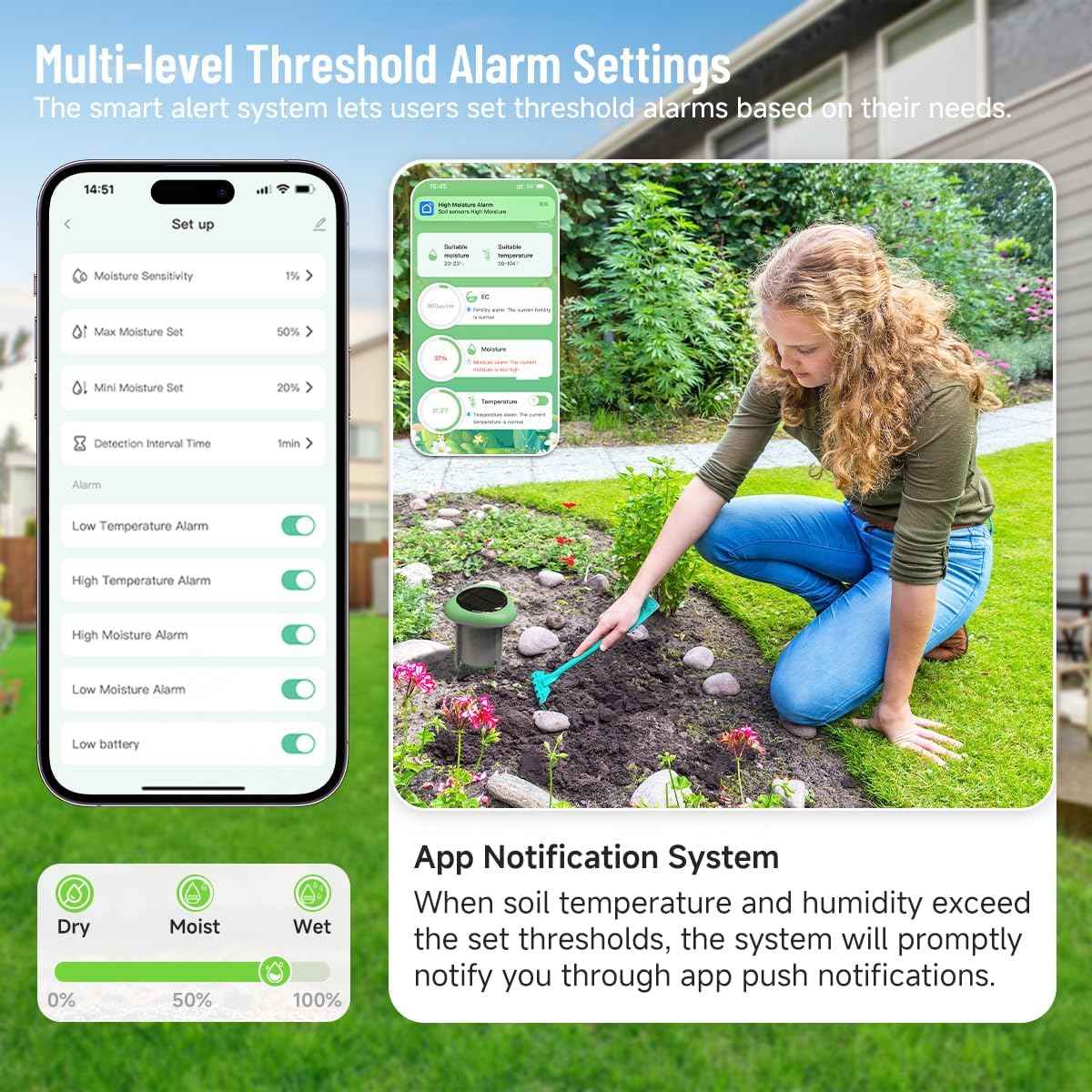 Smart 3-in-1 Soil Moisture/Temperature/Fertility Meter for Plant, Soil Test Kit for Garden/Farming/Lawn, GreenVation Digital Soil Sensor with Tuya/Smart Life APP Push Notification