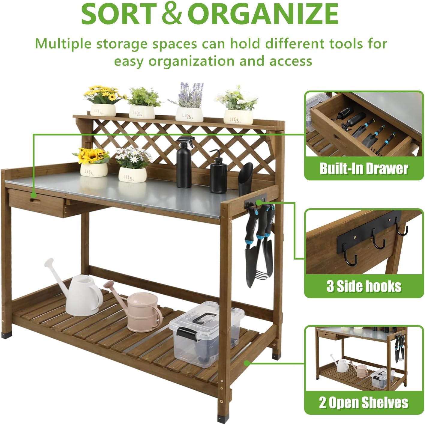 Garden Potting Benches & Tables,Outdoor Wooden Work Station W/Metal Table Top,Drawer,Large Bottom Shelf,Open Shelf Natural Wood-Natural Stained