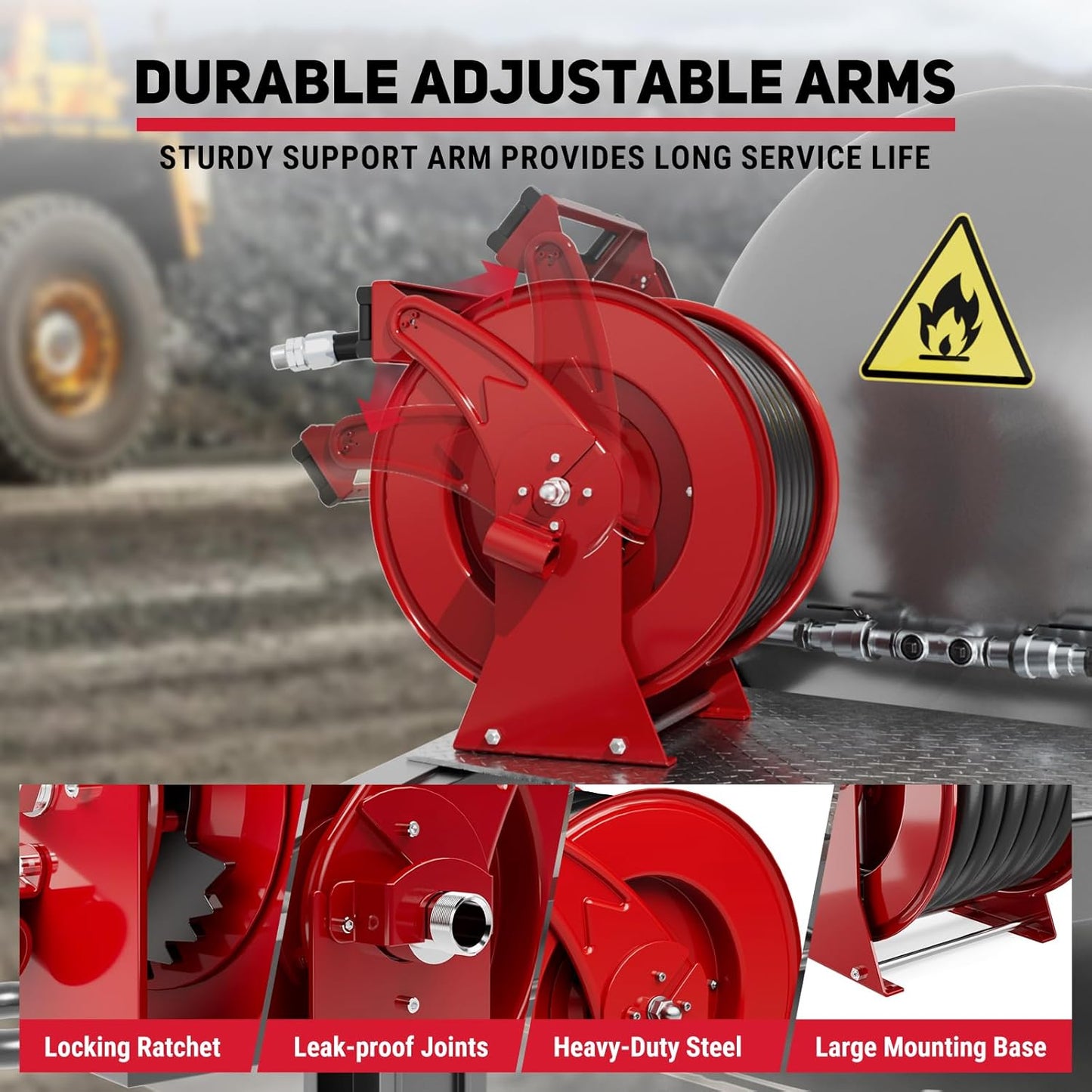Fuel Hose Reel, 1" x 33' Retractable Diesel Fuel Heavy-duty Steel Construction with Refueling Nozzle, 300 PSI Diesel Reel Used for Aircraft Ship Vehicle Tanker Truck