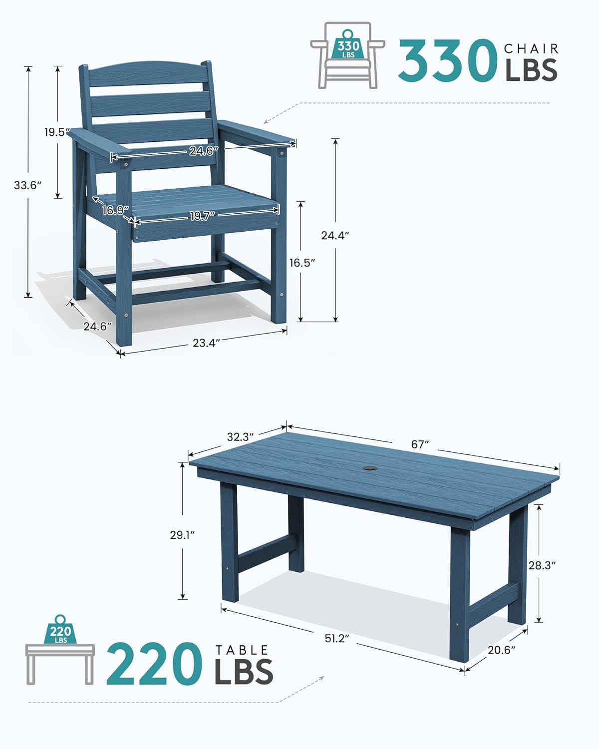 SERWALL Outdoor Dining Table, 67" Rectangle HDPE Dining Table for 6, Patio Table for Dining with Umbrella Hole, Blue