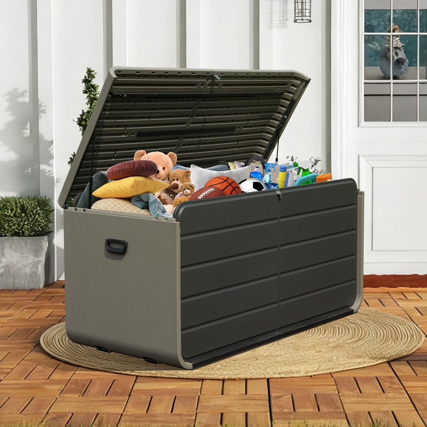 Domi 160 Gallon Outdoor Storage Box – Waterproof, UV-Resistant Deck Box with Lockable Lid for Patio Furniture, Garden Tools, Delivery Packages (Large Resin Storage Bin）