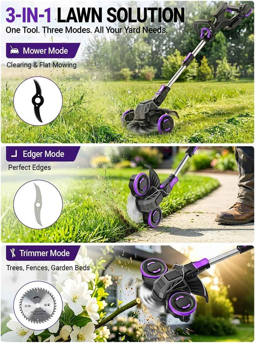20V Cordless Weed Wacker, Brushless Motor, 3-in-1 Lawn Edger/Mower/Trimmer, 30 Min Runtime(One 4.0Ah Battery)