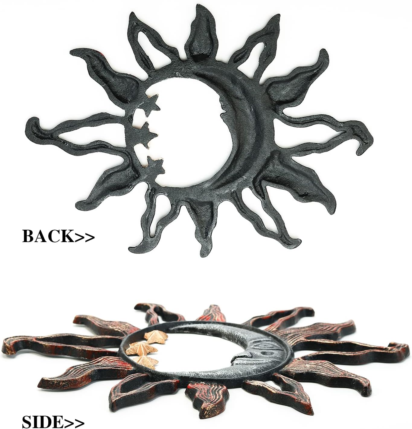 Sungmor Cast Iron Moon & Sun Face Wall Decor, Sturdy Metal Wall Art Sculpture, Outdoor Garden Yard Fence Decorative Plaque, Pretty Vintage Hangings for Farmhouse Indoor Wall, Unique Home Accent Gift