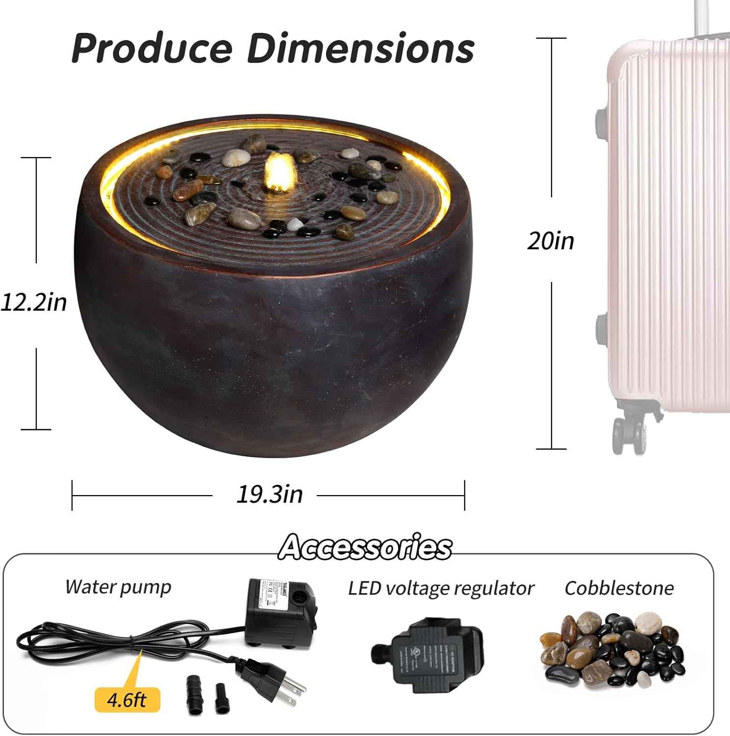 Outdoor Water Fountain with LED Lights, 12.2" Tall Round Bowl Cascading Fountain for Patio Garden Yard Porch Backyard, Resin Outdoor Water Feature Decor