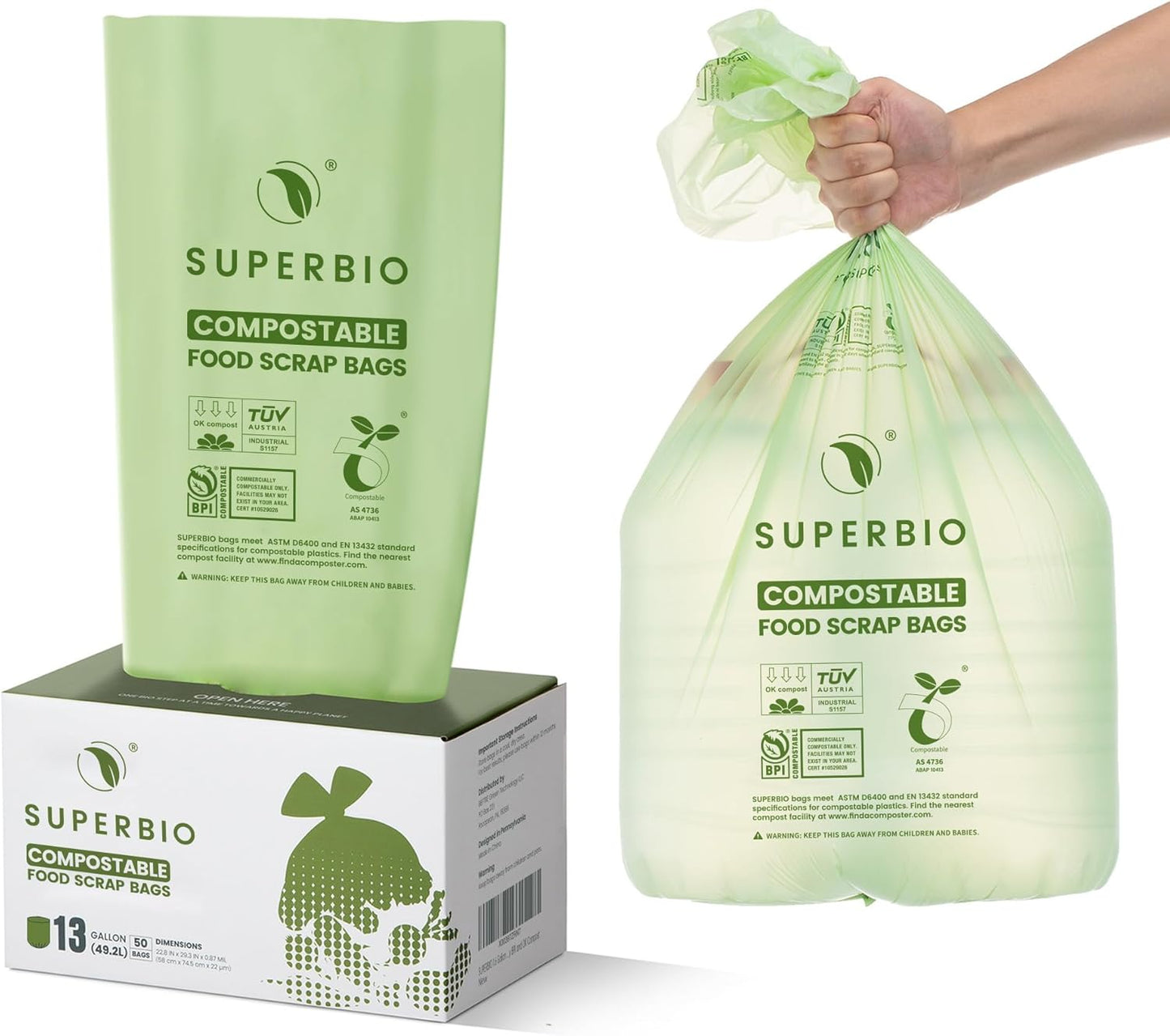 SUPERBIO 13 Gallon Compostable Kitchen Waste Bags, 50 Count, 1 Pack, Flat top Food Scrap bags, Certified by BPI and OK compost INDUSTRIAL, 49.2L, 0.87 Mil