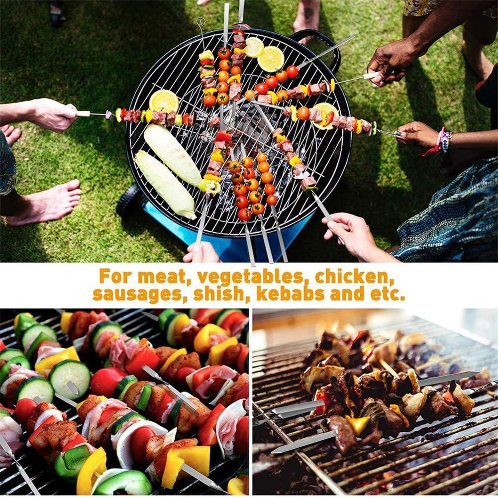 18PCS Kabob Skewers Flat Metal BBQ Barbecue Skewer 14" Long Stainless Steel Shish Kebob Sticks Wide Reusable Grilling Skewers Set for Meat Shrimp Chicken Vegetable, 18 Pack