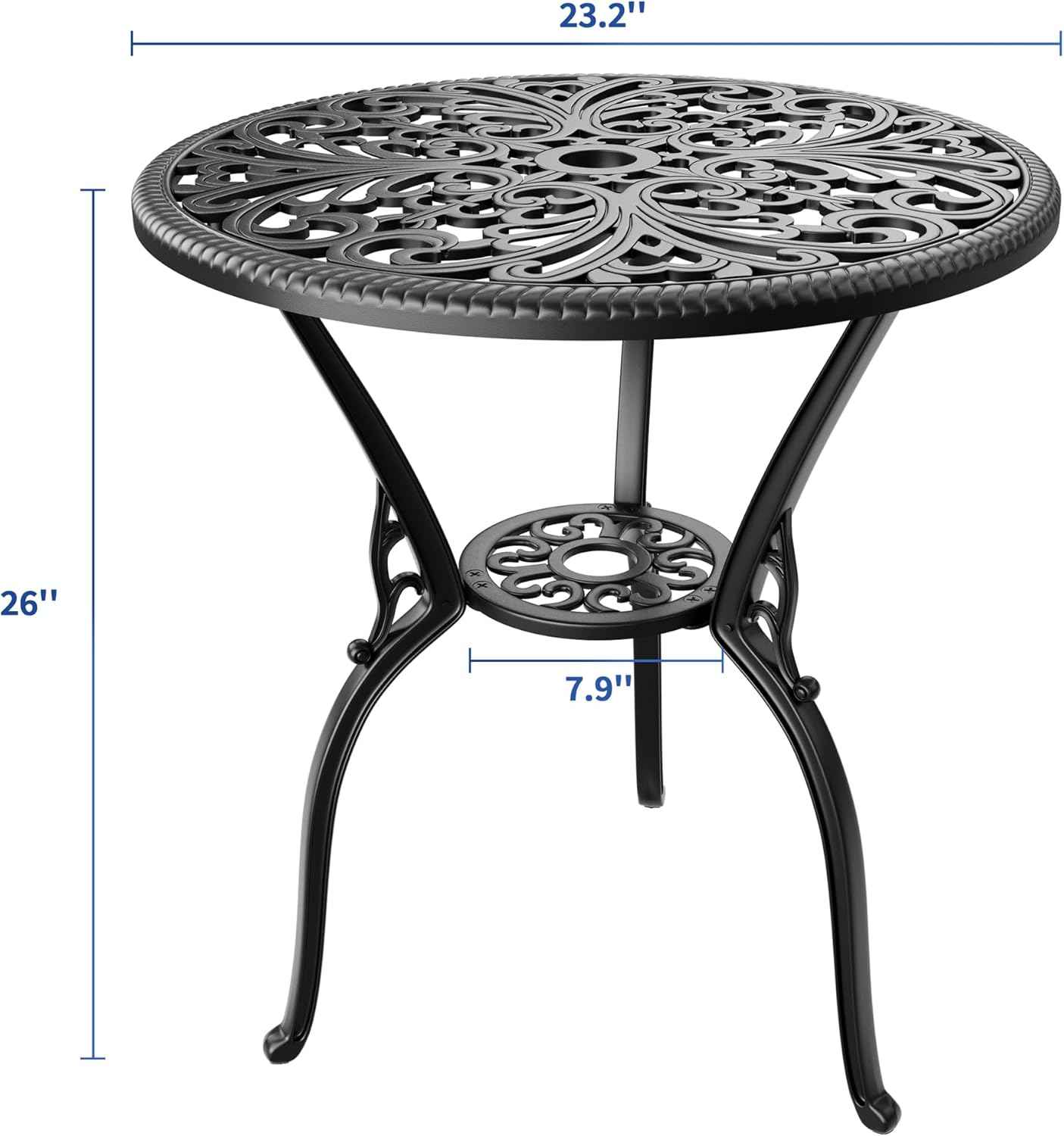 23" Round Cast Aluminum Patio Bistro Table, Outdoor Coffee Bistro Side Table with Umbrella Hole, Antique Design Dining Desk for Backyard, Garden, Porch, Pool, Balcony, Black