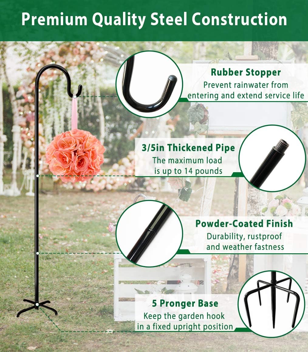 Artibear Adjustable Outdoor Shepherd Hook Stand with 5 Prong Base, 60 Inches Tall 3/5 in Thick, Shiny Black (1 Packs)