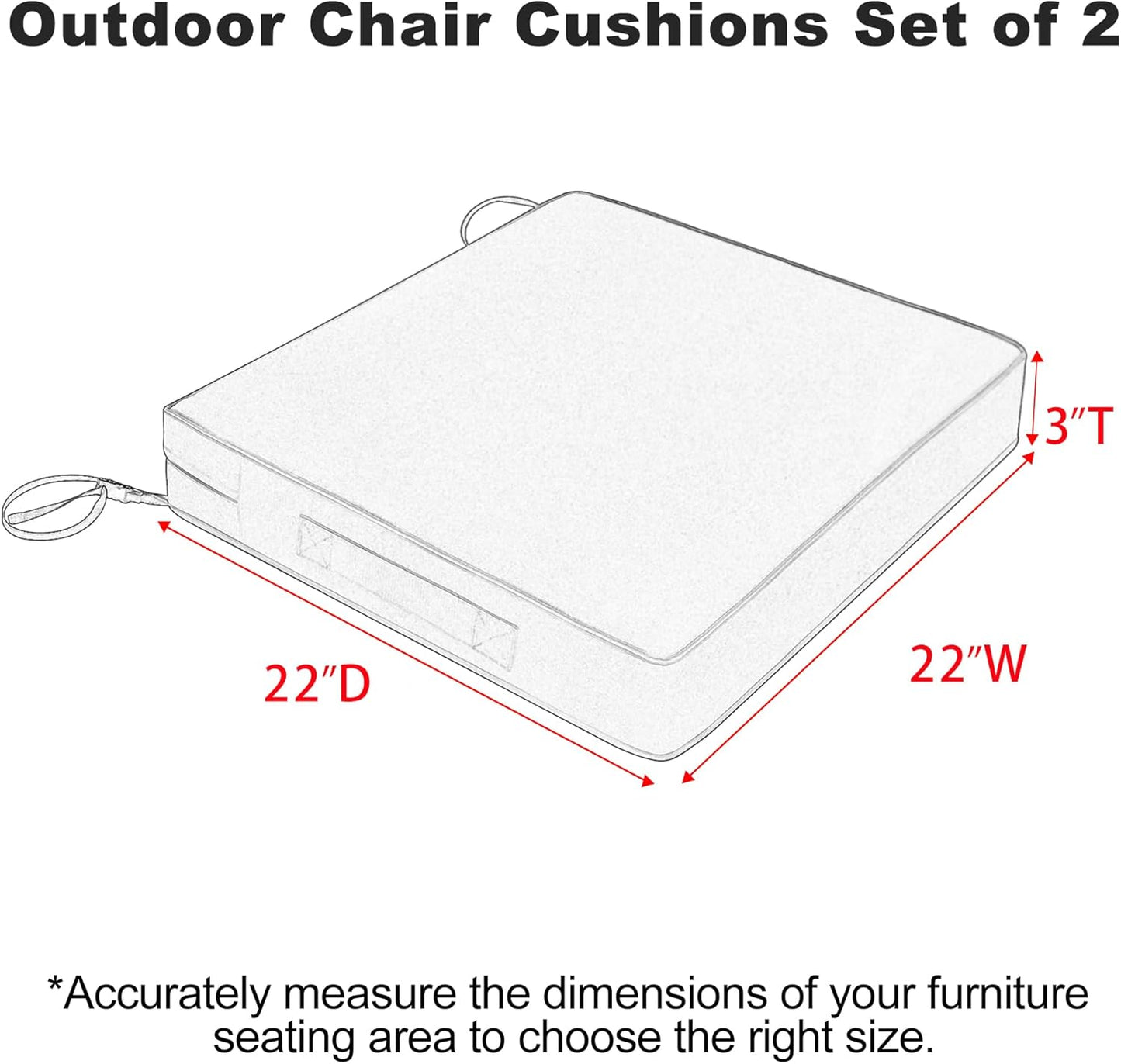 Favoyard Patio Chair Cushions 22 x 22 x 3 Inch Waterproof Outdoor Seat Cushions for Patio Furniture 3-Year Color Fastness Garden Sofa Couch Pads with Handle & Adjustable Straps Set of 2, Dark Grey