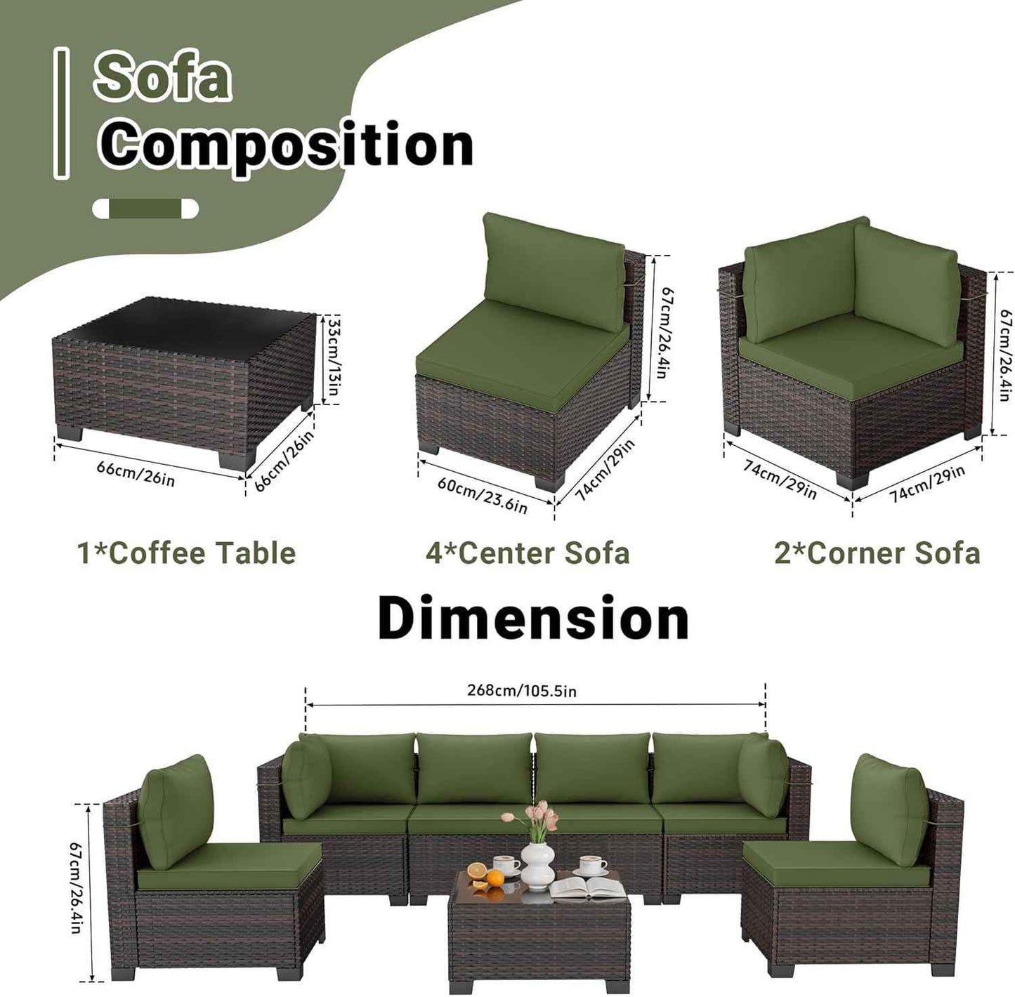 LEVELEVE 7-Piece Outdoor Patio Furniture Sets, Manual Weaving Rattan Conversation Sectional Sofa with Tempered Glass Coffee Table, All-Weather PE Wicker & Thick Cushions for Garden, Backyard, Porch
