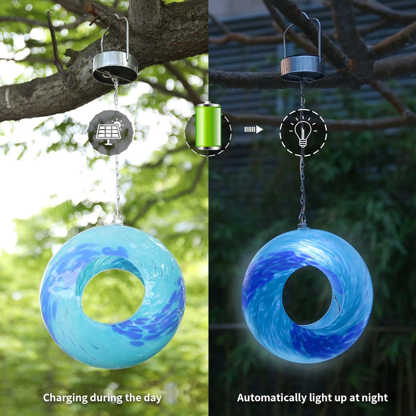 VCUTEKA Bird Feeder Solar Fly Through Birds Feeders for Outside Hanging with Round Shape Glass Container to Attract More Wild Birds for Garden Decor, Solar Birdfeeder as Gift for Bird Lovers, 8-Inch