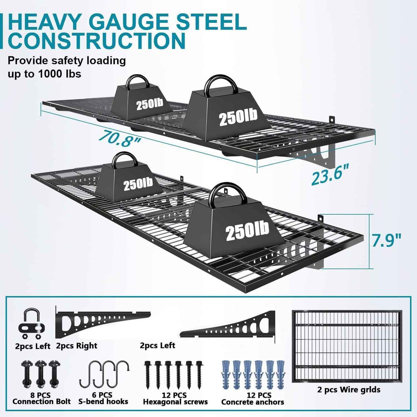 4-Pack 2×3ft(24×36 inch) Garage Wall Shelving, 1000 lbs Load Capacity, Garage Wall Mounted Shelves, Heavy Duty Shelf with Hooks, Black