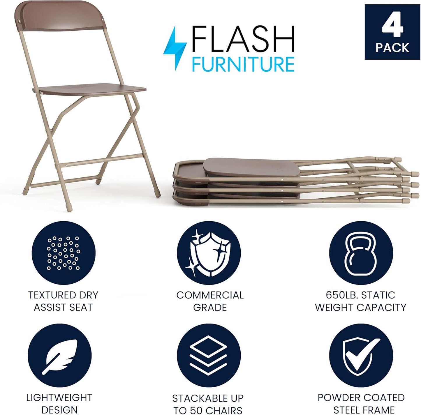 Flash Furniture Hercules Series Plastic Folding Chair - Brown - 4 Pack 650LB Weight Capacity Comfortable Event Chair-Lightweight Folding Chair