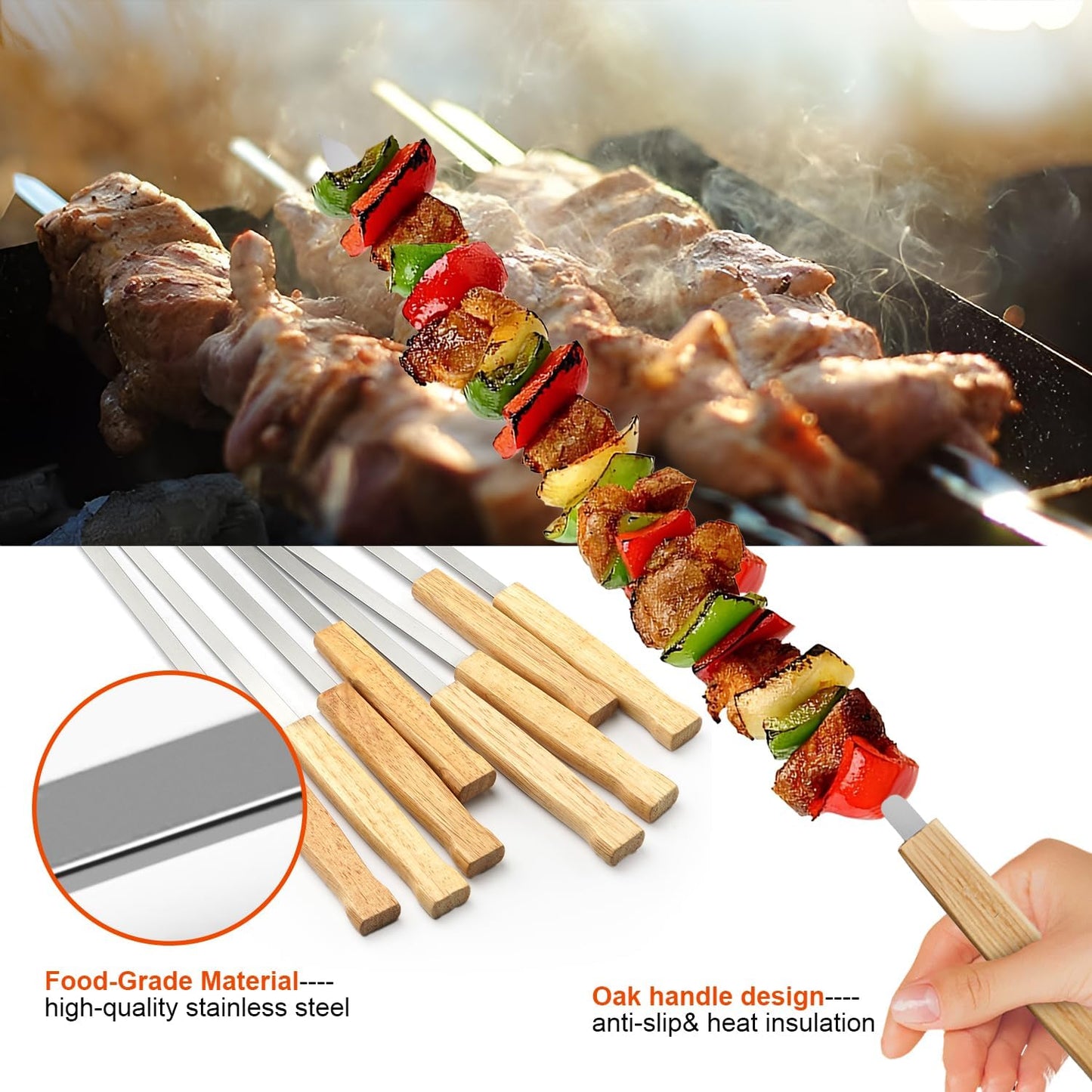 SHIKORI Kabob Skewers,BBQ Barbecue Skewers,Stainless Steel Sticks,23 Inch Heavy Duty Large Wide Reusable,with Nonslip Wooden-6 Pcs