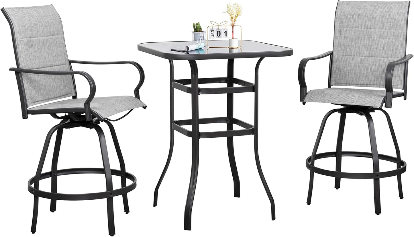 Shintenchi 3 Piece Patio Swivel Bar Stools Set, Outdoor Patio Bar Table and Chairs Set, All Weather Bar Height Chairs Set of 2, High Top Bistro Set Furniture for Balcony, Backyard, Padded Light Grey