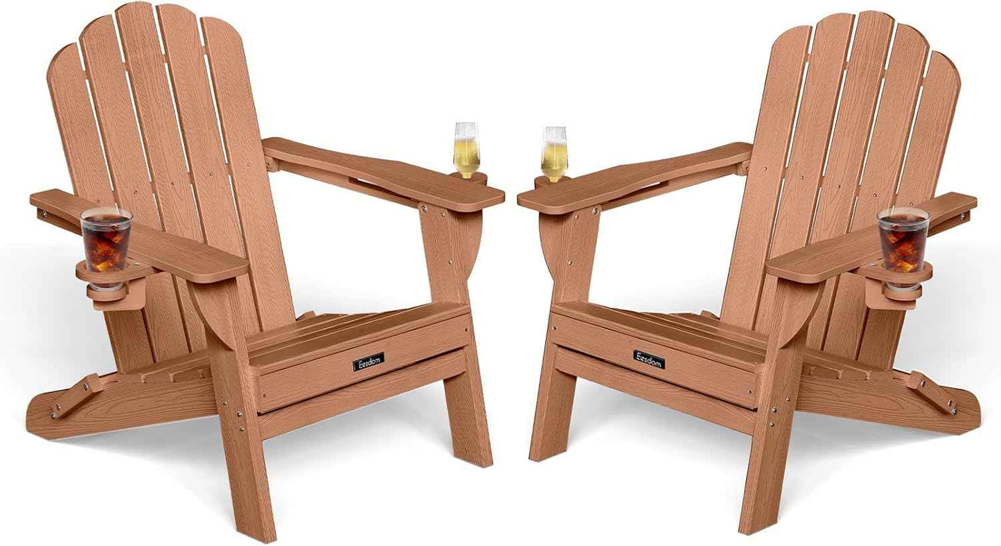Folding Adirondack Chairs Set of 2, All-Weather HDPE Fire Pit Chair with 2 Cup Holders, Plastic Outdoor Chair for Patio Deck Garden Lawn, Teak
