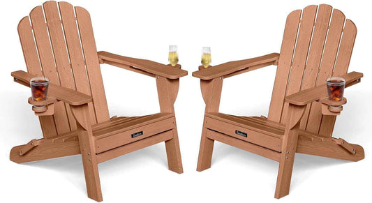Folding Adirondack Chairs Set of 2, All-Weather HDPE Fire Pit Chair with 2 Cup Holders, Plastic Outdoor Chair for Patio Deck Garden Lawn, Teak