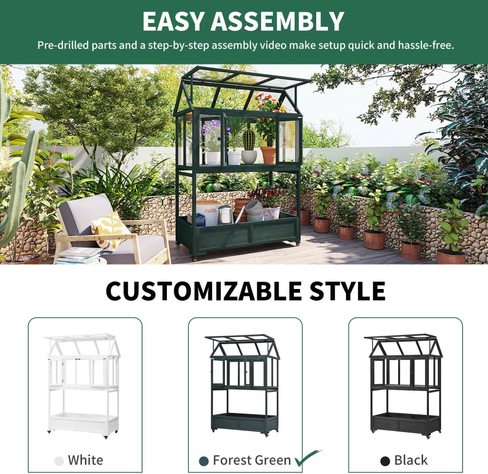 Garden Wood Portable Cold Frame with Movable Wheels Mini Greenhouse with Openable Roof and Storage Box (Green)