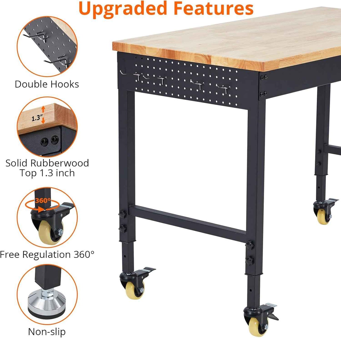 60" x 22" Heavy-Duty Adjustable Height Workbench with Power Outlets, Rubberwood Top, 2000 Lb Capacity, Locking Wheels, Mobile Garage & Office Workstation